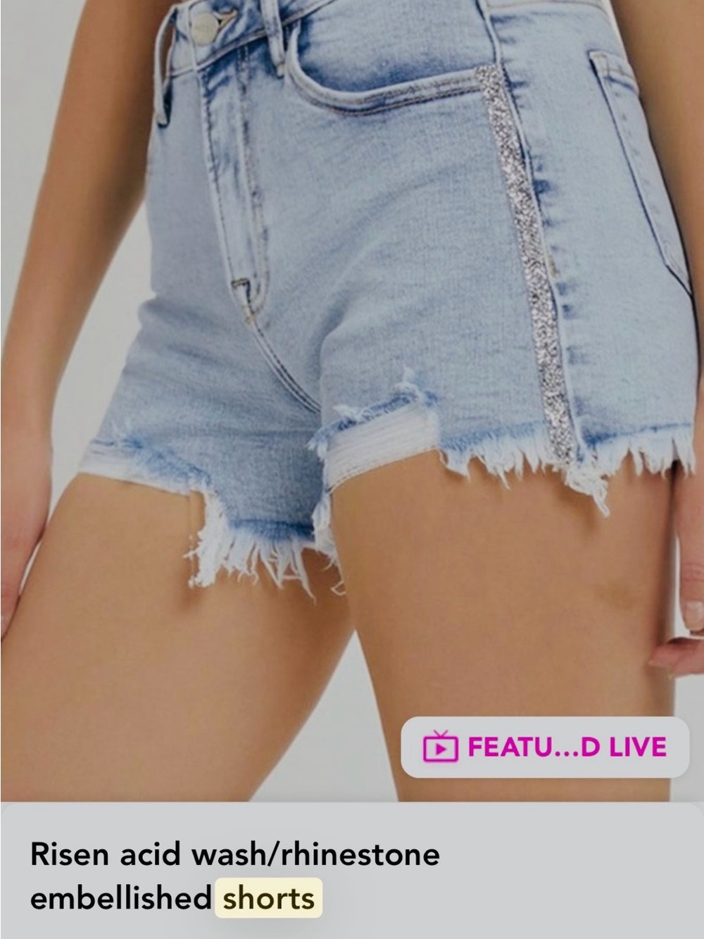 Risen Light Blue Acid-Wash Rhinestone Trim Denim Shorts